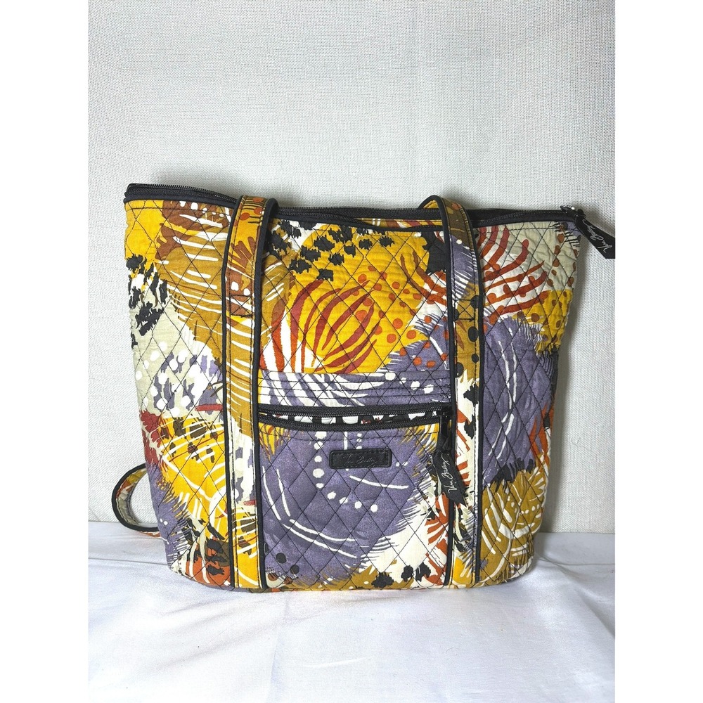 Vera Bradley Quilted Cotton Tote Bag Abstract‎ Floral Yellow Purple Shoulder Bag